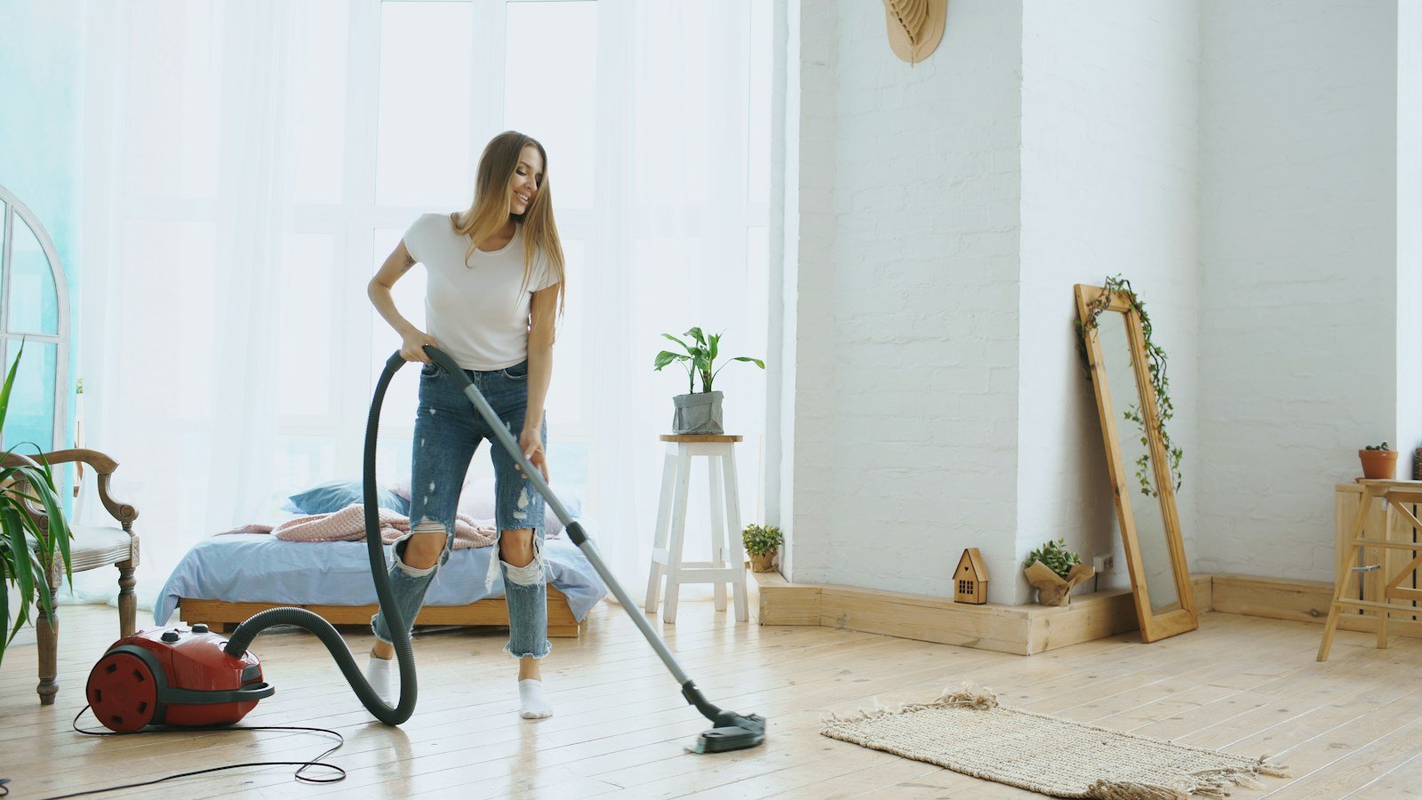 Vacuuming a modern living room
